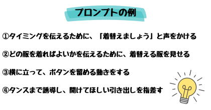 プロンプトの例。①声をかける、②対象物を見せる、③見本となる動きをする、④対象物を指差す